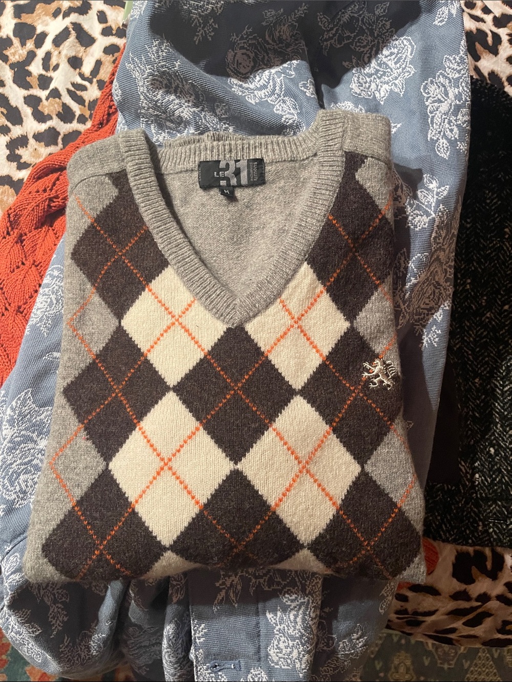 V-Neck Argyle Sweater in Gray, Cream & Brown by